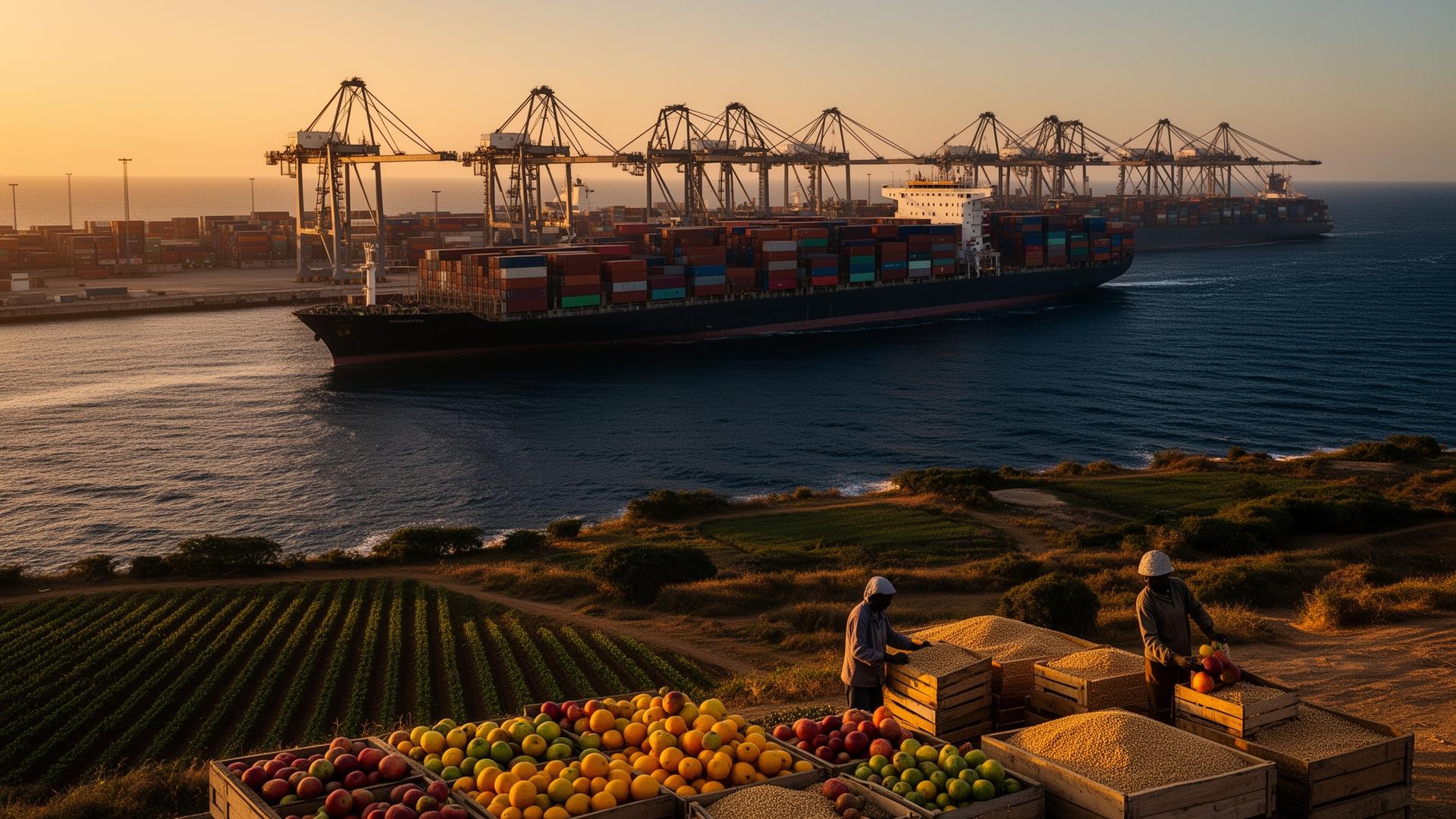 International cargo port at golden hour with African farmland and crates of fresh produce